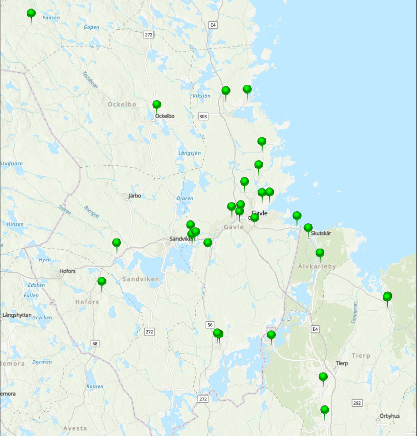 karta med markeringar där bionärs anläggningar finns.